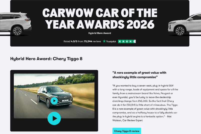 Chery TIGGO 8 Raih Penghargaan Carwow Inggris 2026 - lajuroda.com